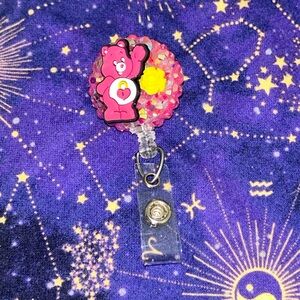 Handmade retractable pink badge reel with Bear